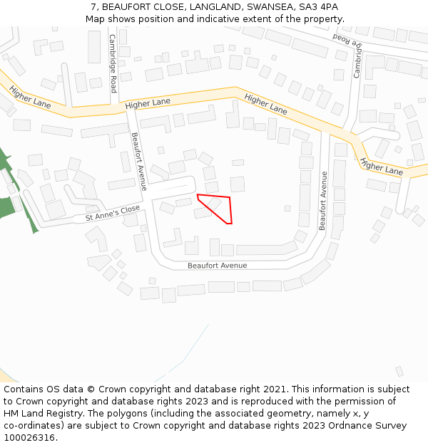 7, BEAUFORT CLOSE, LANGLAND, SWANSEA, SA3 4PA: Location map and indicative extent of plot