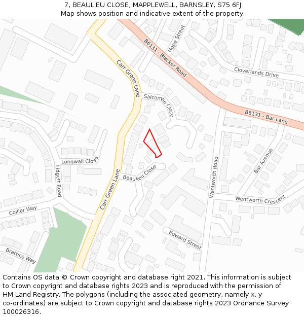 7, BEAULIEU CLOSE, MAPPLEWELL, BARNSLEY, S75 6FJ: Location map and indicative extent of plot