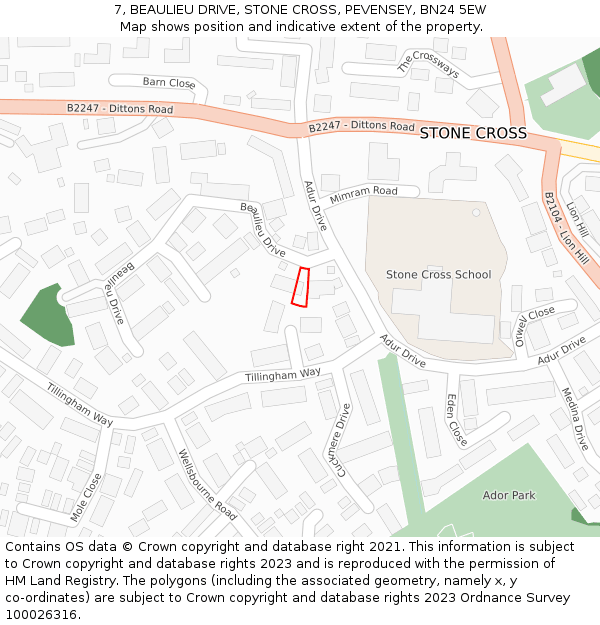 7, BEAULIEU DRIVE, STONE CROSS, PEVENSEY, BN24 5EW: Location map and indicative extent of plot