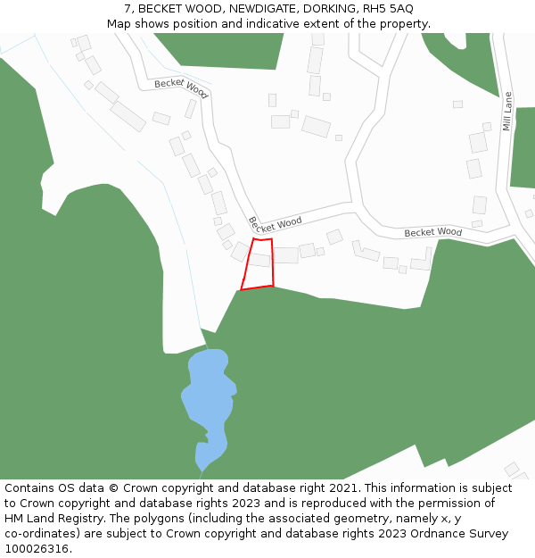 7, BECKET WOOD, NEWDIGATE, DORKING, RH5 5AQ: Location map and indicative extent of plot