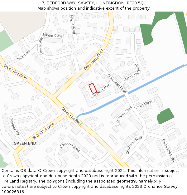 7, BEDFORD WAY, SAWTRY, HUNTINGDON, PE28 5QL: Location map and indicative extent of plot