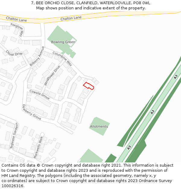 7, BEE ORCHID CLOSE, CLANFIELD, WATERLOOVILLE, PO8 0WL: Location map and indicative extent of plot