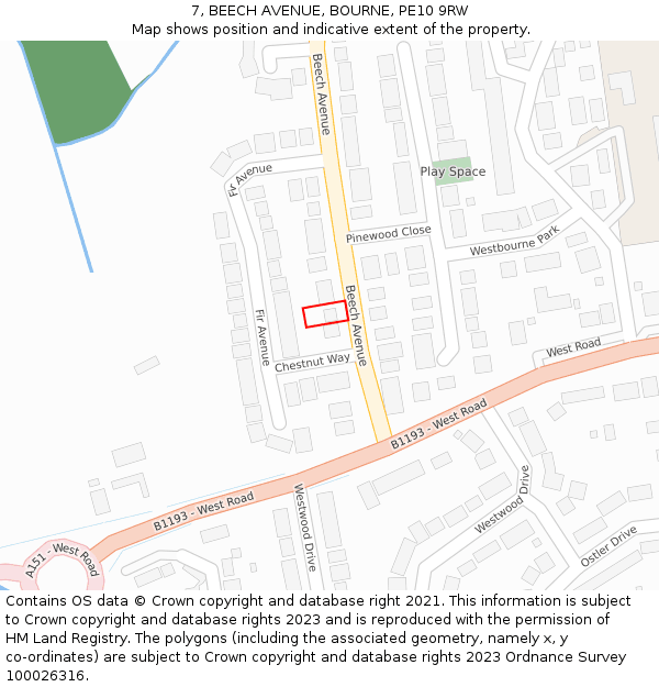 7, BEECH AVENUE, BOURNE, PE10 9RW: Location map and indicative extent of plot