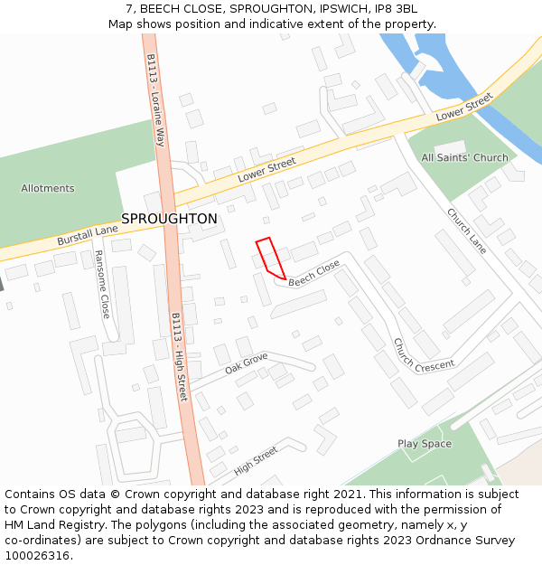 7, BEECH CLOSE, SPROUGHTON, IPSWICH, IP8 3BL: Location map and indicative extent of plot