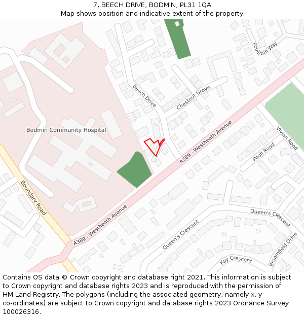 7, BEECH DRIVE, BODMIN, PL31 1QA: Location map and indicative extent of plot