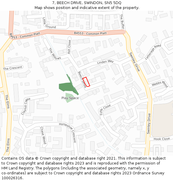 7, BEECH DRIVE, SWINDON, SN5 5DQ: Location map and indicative extent of plot