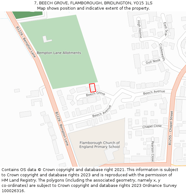 7, BEECH GROVE, FLAMBOROUGH, BRIDLINGTON, YO15 1LS: Location map and indicative extent of plot