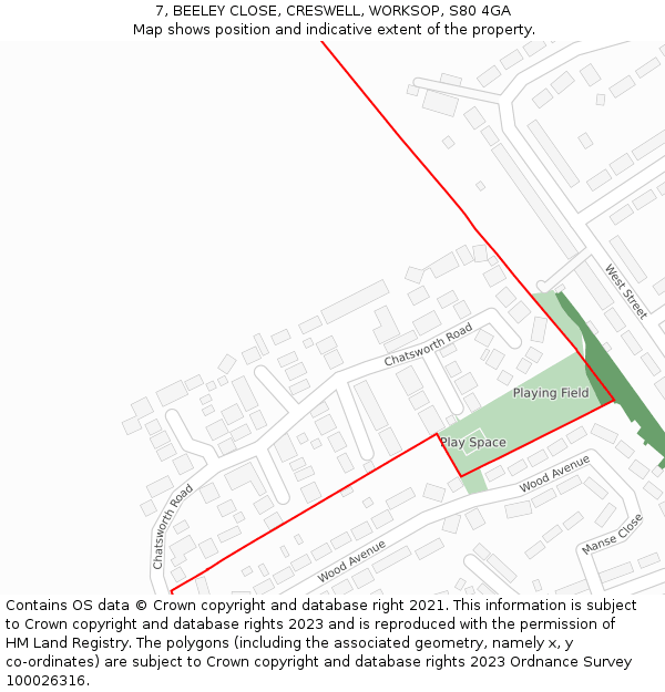 7, BEELEY CLOSE, CRESWELL, WORKSOP, S80 4GA: Location map and indicative extent of plot