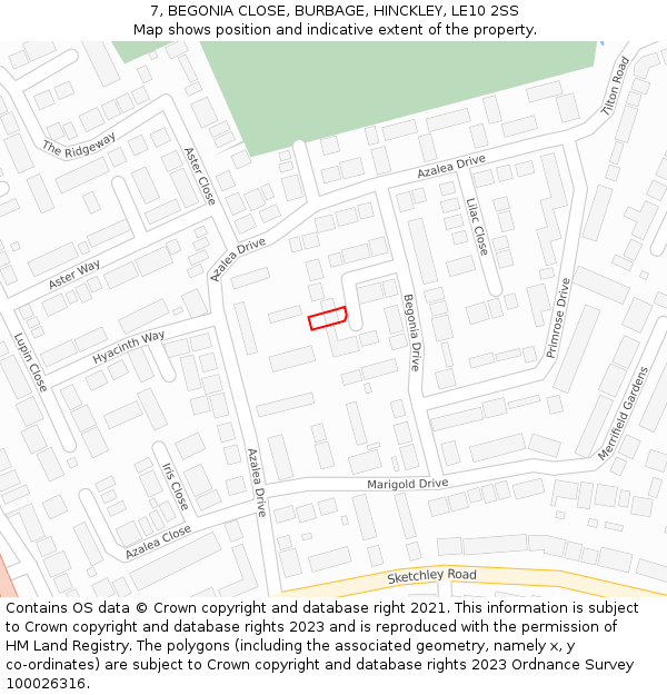 7, BEGONIA CLOSE, BURBAGE, HINCKLEY, LE10 2SS: Location map and indicative extent of plot