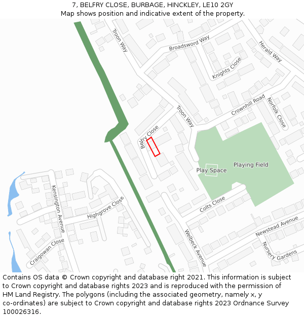 7, BELFRY CLOSE, BURBAGE, HINCKLEY, LE10 2GY: Location map and indicative extent of plot