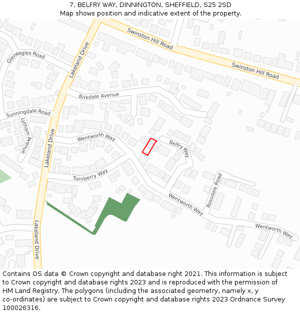 7, BELFRY WAY, DINNINGTON, SHEFFIELD, S25 2SD: Location map and indicative extent of plot