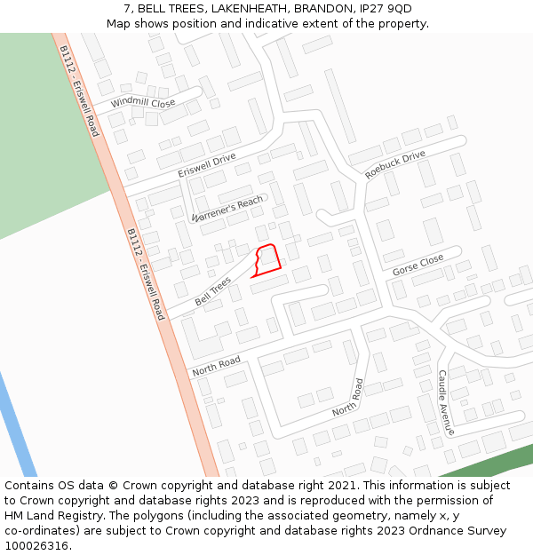 7, BELL TREES, LAKENHEATH, BRANDON, IP27 9QD: Location map and indicative extent of plot