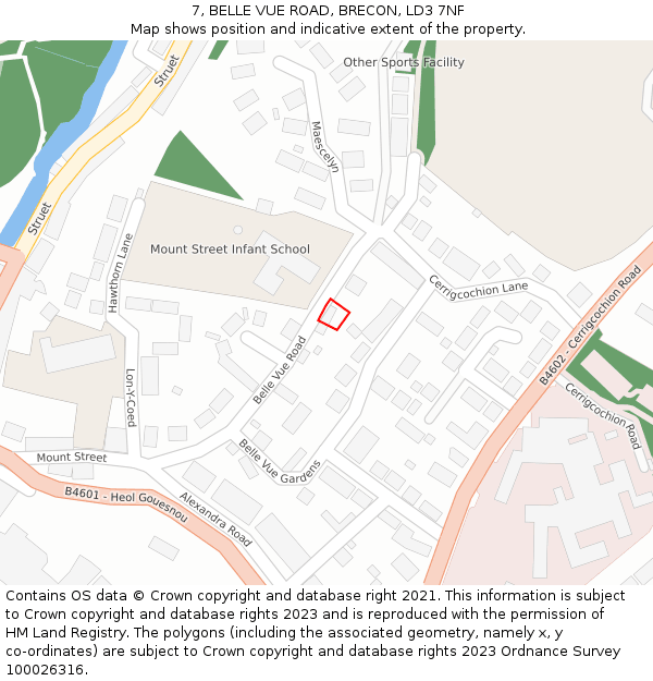 7, BELLE VUE ROAD, BRECON, LD3 7NF: Location map and indicative extent of plot