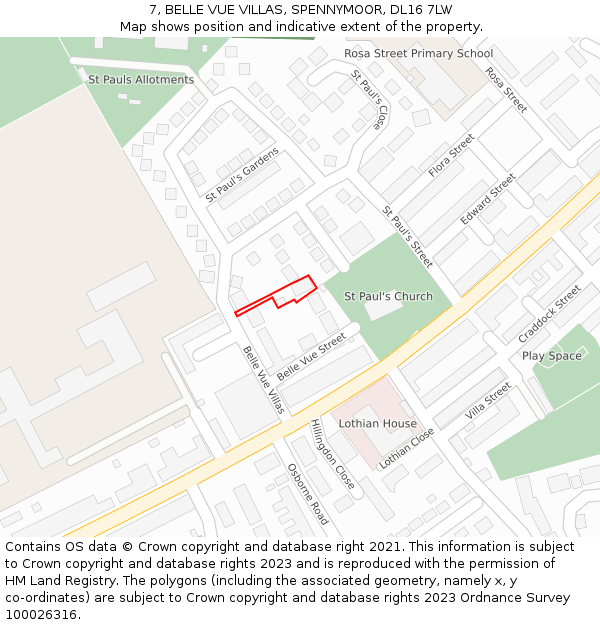 7, BELLE VUE VILLAS, SPENNYMOOR, DL16 7LW: Location map and indicative extent of plot