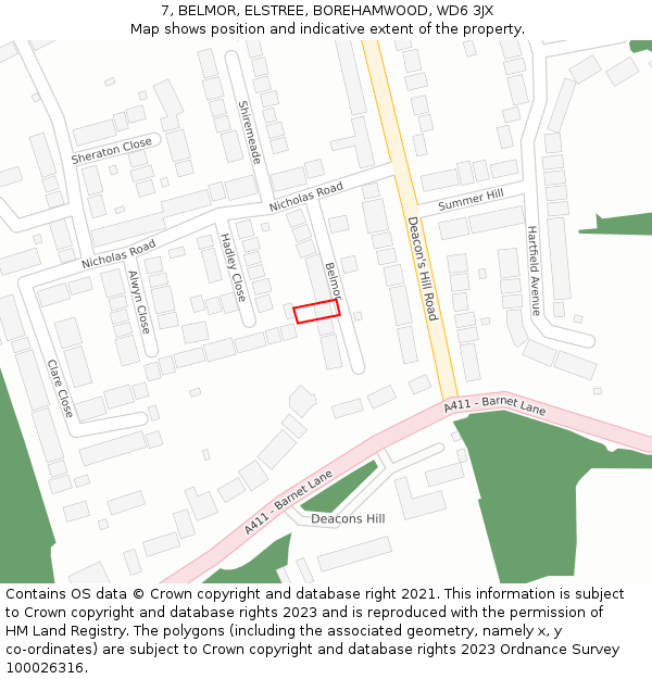 7, BELMOR, ELSTREE, BOREHAMWOOD, WD6 3JX: Location map and indicative extent of plot