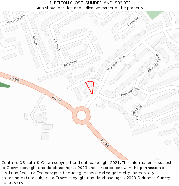 7, BELTON CLOSE, SUNDERLAND, SR2 0BF: Location map and indicative extent of plot