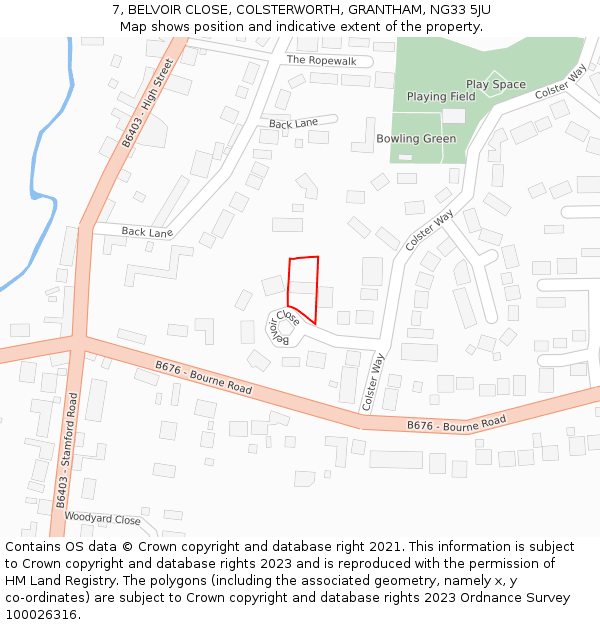 7, BELVOIR CLOSE, COLSTERWORTH, GRANTHAM, NG33 5JU: Location map and indicative extent of plot