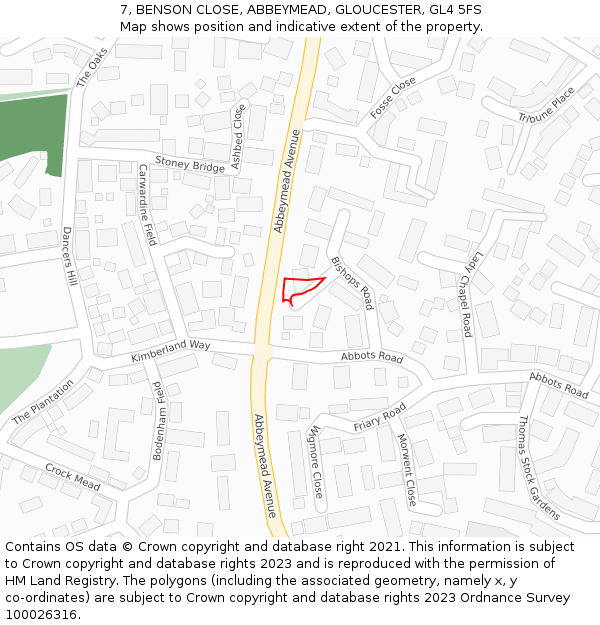 7, BENSON CLOSE, ABBEYMEAD, GLOUCESTER, GL4 5FS: Location map and indicative extent of plot