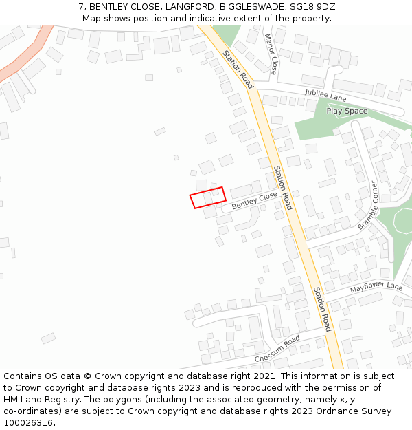 7, BENTLEY CLOSE, LANGFORD, BIGGLESWADE, SG18 9DZ: Location map and indicative extent of plot