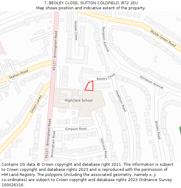 7, BEOLEY CLOSE, SUTTON COLDFIELD, B72 1EU: Location map and indicative extent of plot