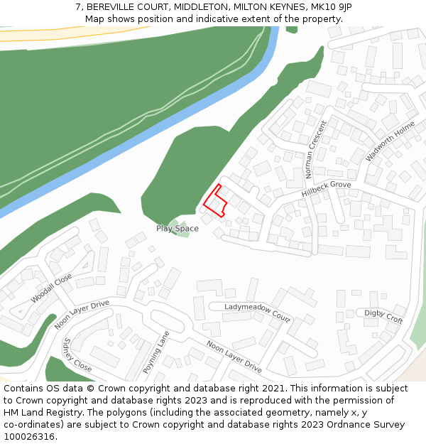 7, BEREVILLE COURT, MIDDLETON, MILTON KEYNES, MK10 9JP: Location map and indicative extent of plot