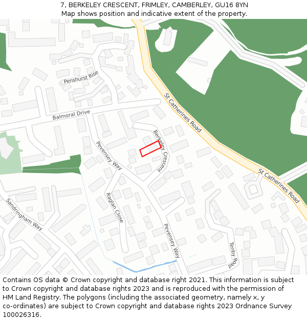 7, BERKELEY CRESCENT, FRIMLEY, CAMBERLEY, GU16 8YN: Location map and indicative extent of plot