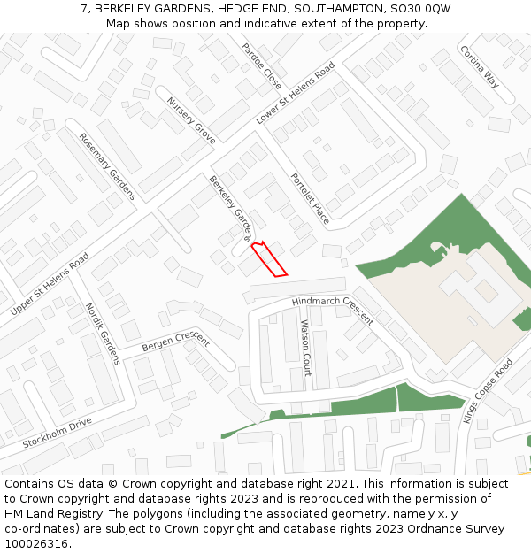 7, BERKELEY GARDENS, HEDGE END, SOUTHAMPTON, SO30 0QW: Location map and indicative extent of plot