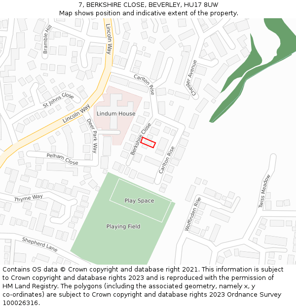 7, BERKSHIRE CLOSE, BEVERLEY, HU17 8UW: Location map and indicative extent of plot