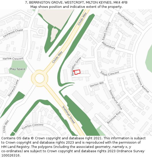 7, BERRINGTON GROVE, WESTCROFT, MILTON KEYNES, MK4 4FB: Location map and indicative extent of plot