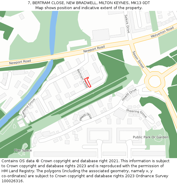 7, BERTRAM CLOSE, NEW BRADWELL, MILTON KEYNES, MK13 0DT: Location map and indicative extent of plot