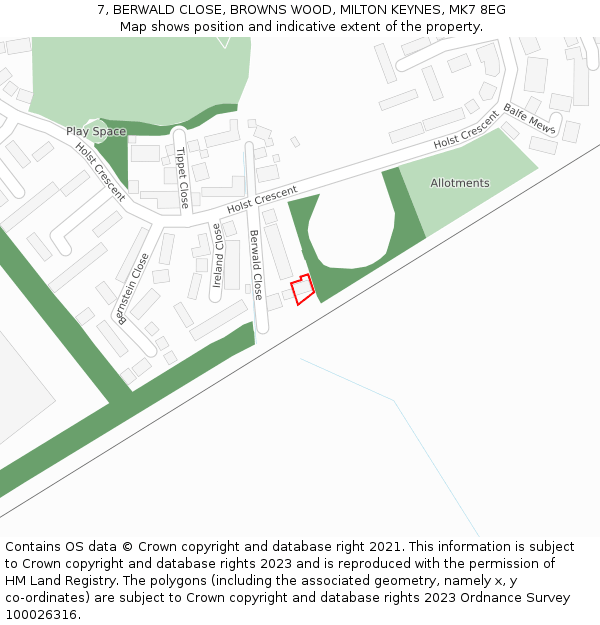 7, BERWALD CLOSE, BROWNS WOOD, MILTON KEYNES, MK7 8EG: Location map and indicative extent of plot