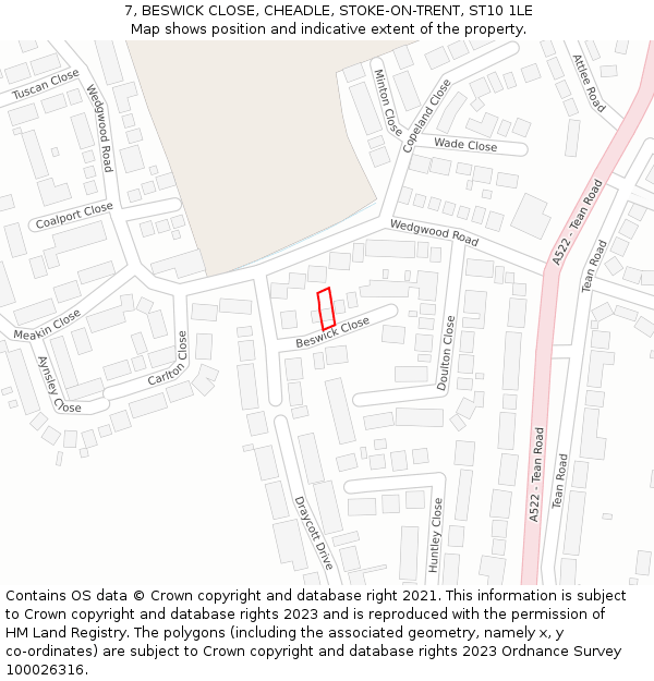 7, BESWICK CLOSE, CHEADLE, STOKE-ON-TRENT, ST10 1LE: Location map and indicative extent of plot