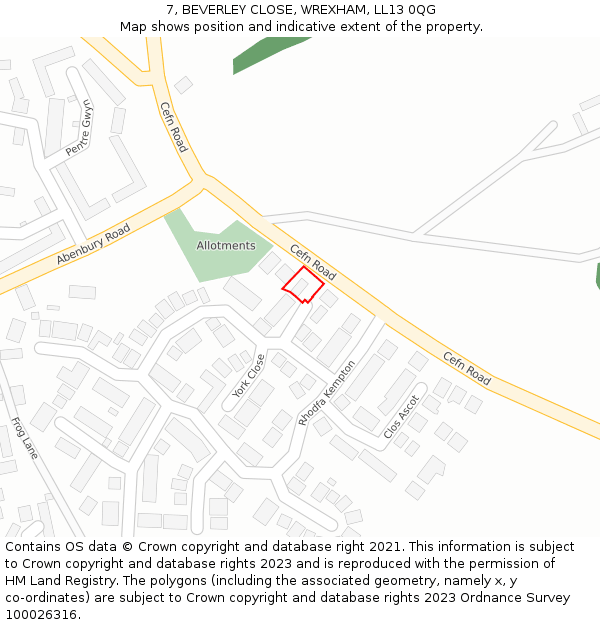 7, BEVERLEY CLOSE, WREXHAM, LL13 0QG: Location map and indicative extent of plot