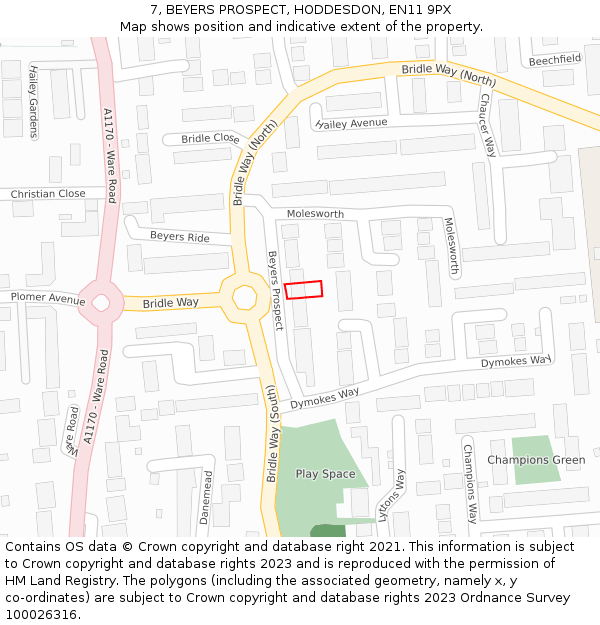 7, BEYERS PROSPECT, HODDESDON, EN11 9PX: Location map and indicative extent of plot