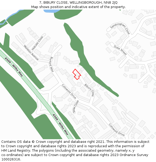 7, BIBURY CLOSE, WELLINGBOROUGH, NN8 2JQ: Location map and indicative extent of plot