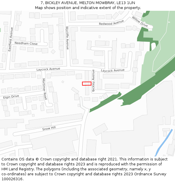 7, BICKLEY AVENUE, MELTON MOWBRAY, LE13 1UN: Location map and indicative extent of plot