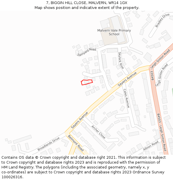 7, BIGGIN HILL CLOSE, MALVERN, WR14 1GX: Location map and indicative extent of plot