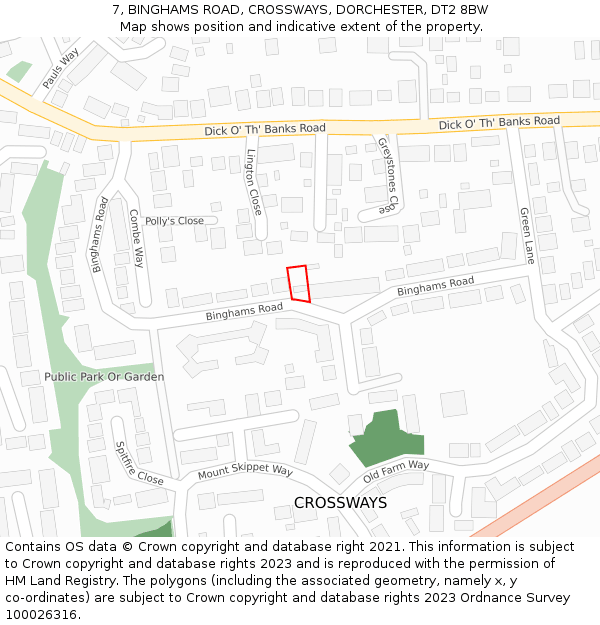 7, BINGHAMS ROAD, CROSSWAYS, DORCHESTER, DT2 8BW: Location map and indicative extent of plot