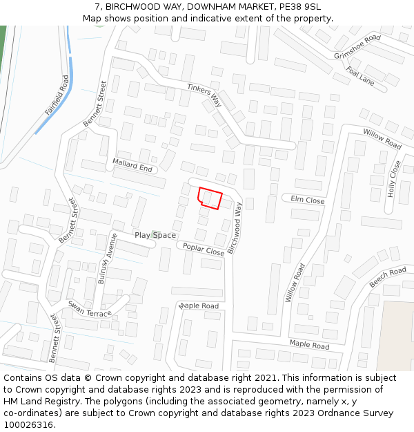 7, BIRCHWOOD WAY, DOWNHAM MARKET, PE38 9SL: Location map and indicative extent of plot