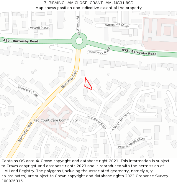 7, BIRMINGHAM CLOSE, GRANTHAM, NG31 8SD: Location map and indicative extent of plot