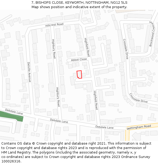 7, BISHOPS CLOSE, KEYWORTH, NOTTINGHAM, NG12 5LS: Location map and indicative extent of plot