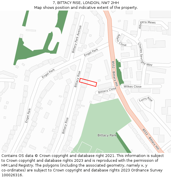 7, BITTACY RISE, LONDON, NW7 2HH: Location map and indicative extent of plot