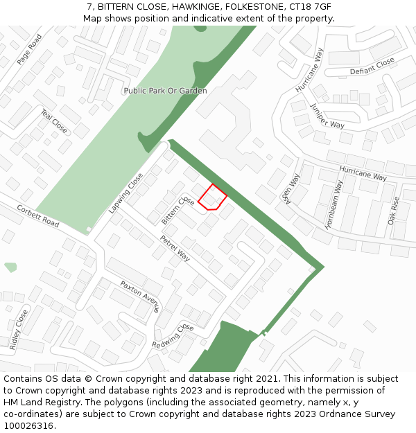 7, BITTERN CLOSE, HAWKINGE, FOLKESTONE, CT18 7GF: Location map and indicative extent of plot