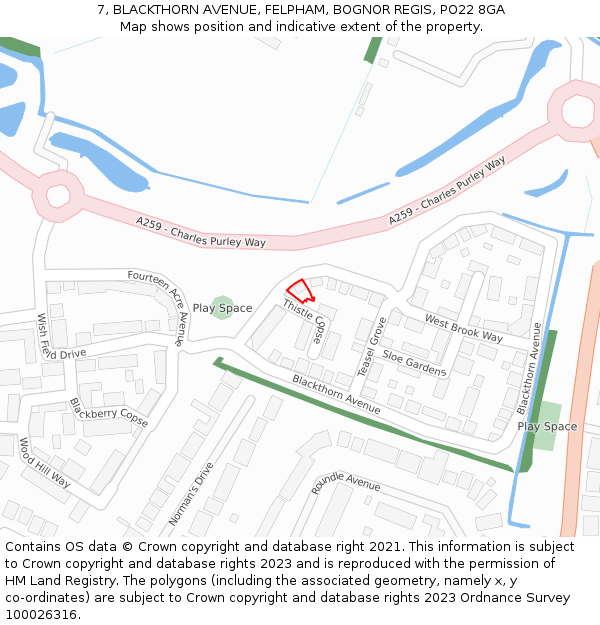 7, BLACKTHORN AVENUE, FELPHAM, BOGNOR REGIS, PO22 8GA: Location map and indicative extent of plot