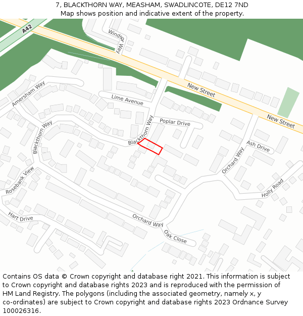 7, BLACKTHORN WAY, MEASHAM, SWADLINCOTE, DE12 7ND: Location map and indicative extent of plot