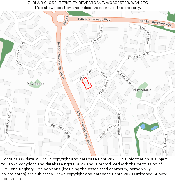 7, BLAIR CLOSE, BERKELEY BEVERBORNE, WORCESTER, WR4 0EG: Location map and indicative extent of plot