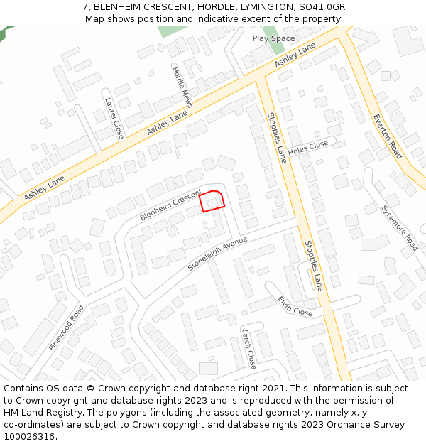 7, BLENHEIM CRESCENT, HORDLE, LYMINGTON, SO41 0GR: Location map and indicative extent of plot