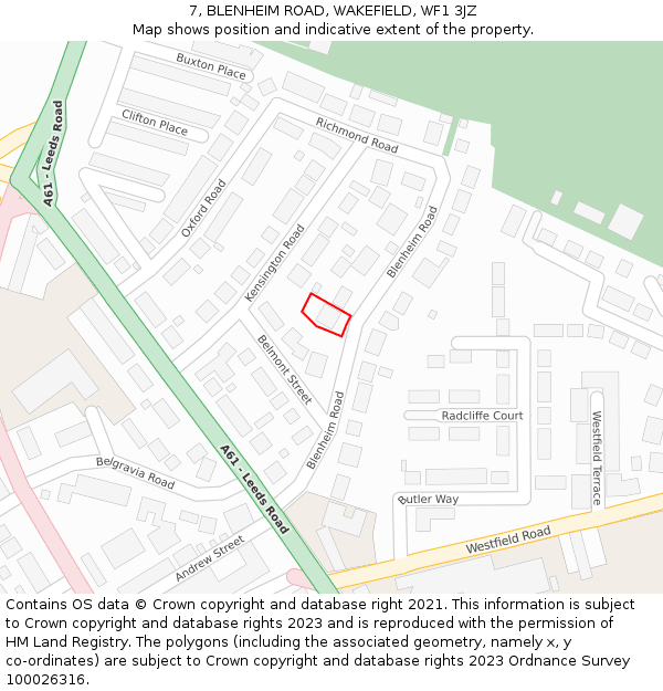 7, BLENHEIM ROAD, WAKEFIELD, WF1 3JZ: Location map and indicative extent of plot