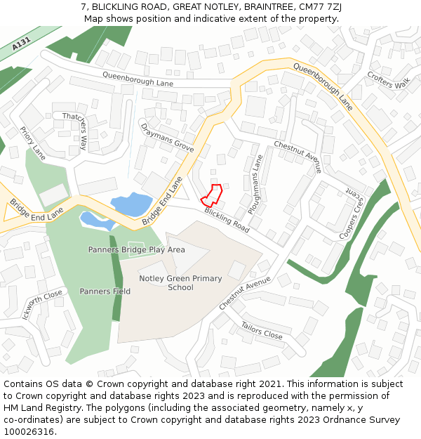 7, BLICKLING ROAD, GREAT NOTLEY, BRAINTREE, CM77 7ZJ: Location map and indicative extent of plot