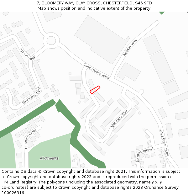 7, BLOOMERY WAY, CLAY CROSS, CHESTERFIELD, S45 9FD: Location map and indicative extent of plot